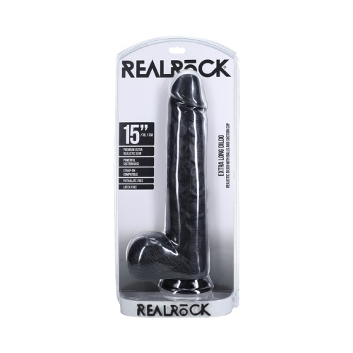 Dildo RealRock Extra Largo de 15 in. con Testículos Negro - Placer Máximo