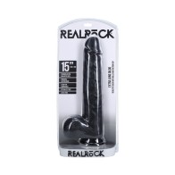 Dildo RealRock Extra Largo de 15 in. con Testículos Negro - Placer Máximo