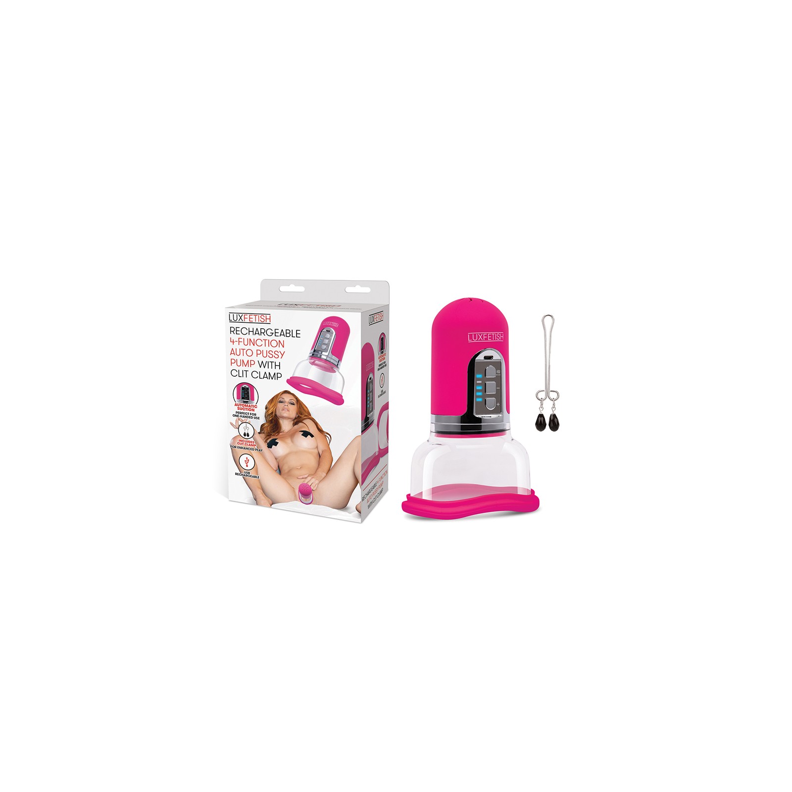 Lux Fetish Rechargeable 4-function Auto Pussy Pump with Clit Clamp - Enhance Pleasure