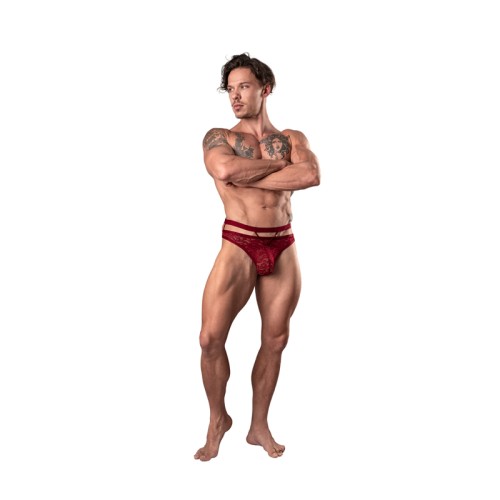 Male Power Lucifer Cut Out Strappy Thong Burgundy - Vintage Style