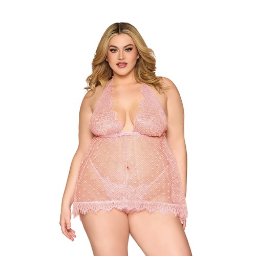 Babydoll de Encaje y Malla con Lunares y Tanga de Sueño Rosa Cuarzo 2XL