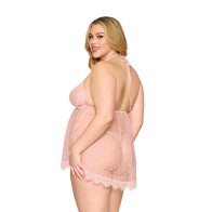 Babydoll de Encaje y Malla con Lunares y Tanga de Sueño Rosa Cuarzo 2XL