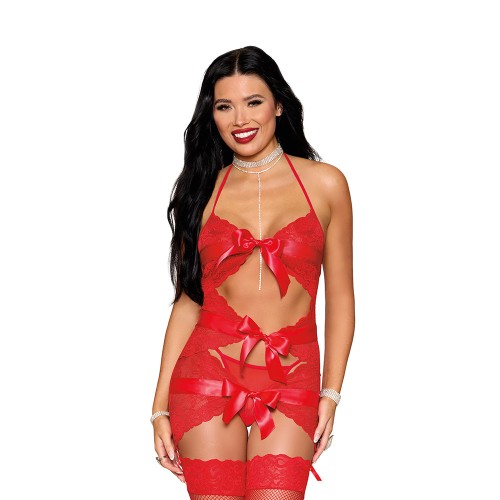 Dreamgirl Garter Slip with Bow Detail and G-String Red