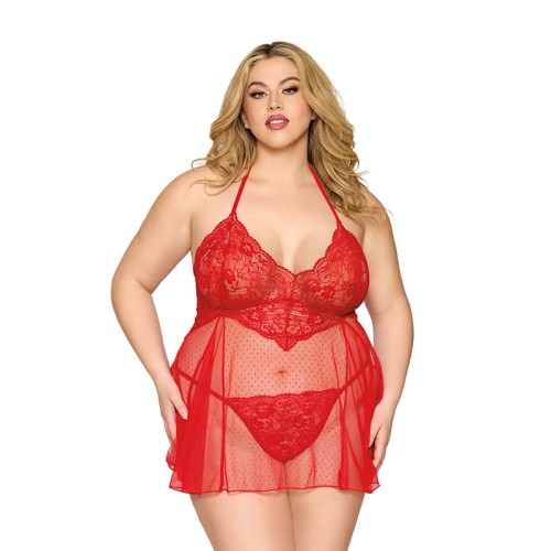 Babydoll de Encaje y G-String Dreamgirl Rojo Talla Reina