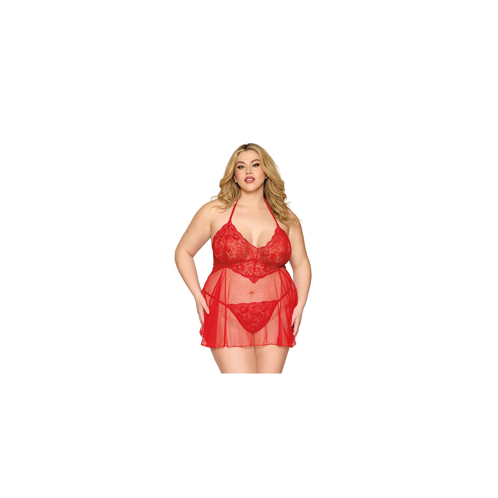 Babydoll de Encaje y G-String Dreamgirl Rojo Talla Reina