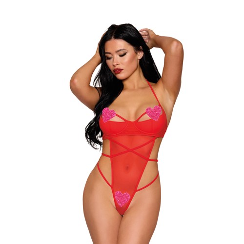 Dreamgirl Red Strappy Mesh Teddy - Seductive Lingerie