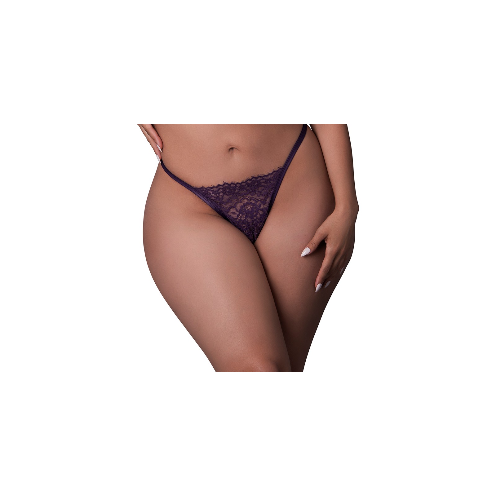 Magic Silk Leather & Lace Thong in Plum Queen Size