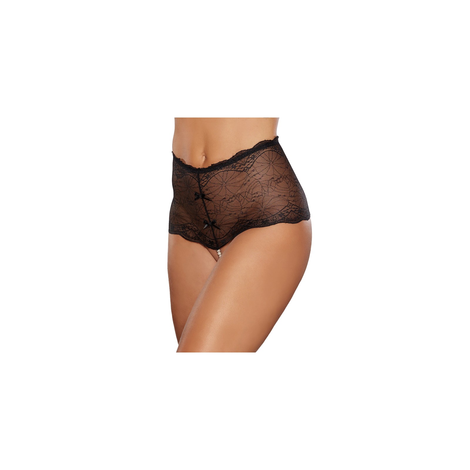 Allure Tanga de Encaje de Cintura Alta con Cuerda de Perlas Negro O/S