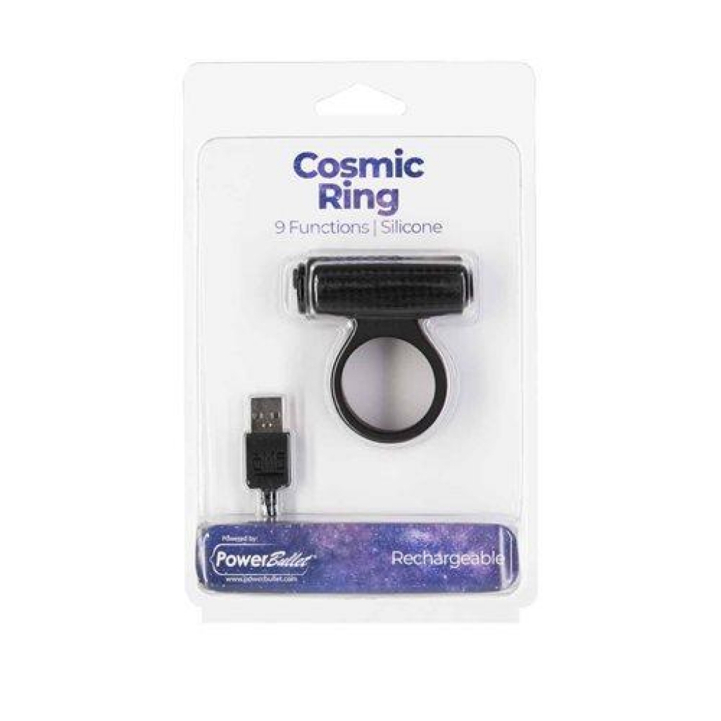 Power Bullet Cosmic Cock Ring W/ Bullet Black - Couples Vibrating Penis Rings