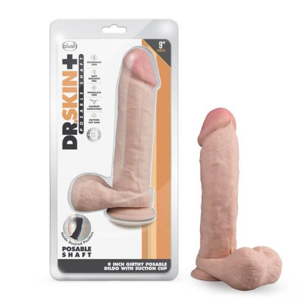 Dr Skin Plus 9in Thick Posable Dildo W/ Balls Vanilla - Realistic Dildos & Dongs
