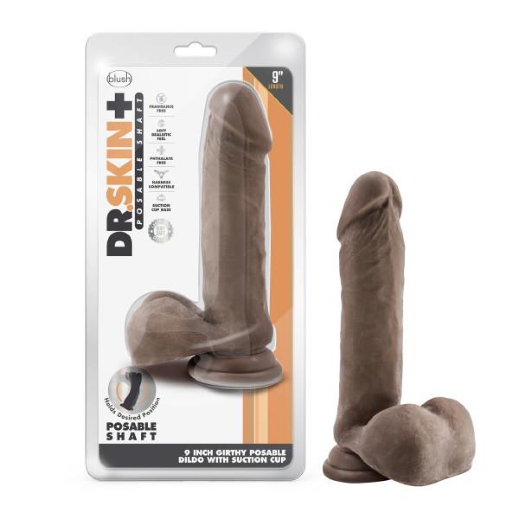 Dr Skin Plus 9in Thick Posable Dildo W/ Balls Chocolate - Realistic Dildos & Dongs