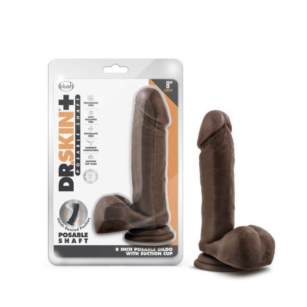Dr Skin Plus 8in Posable Dildo W/ Balls Chocolate - Realistic Dildos & Dongs