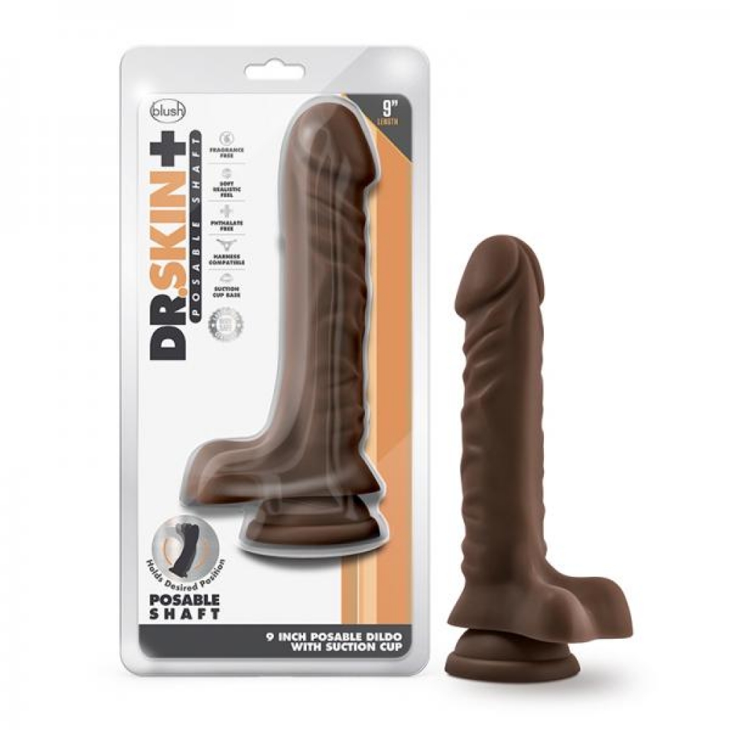 Dr Skin Plus 9in Posable Dildo W/ Balls Chocolate - Realistic Dildos & Dongs