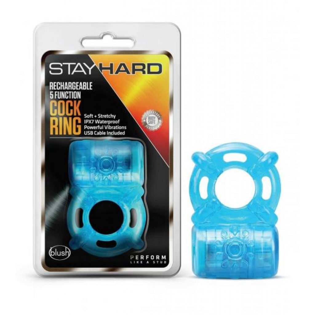 Stay Hard Rechargeable 5 Function Cock Ring Blue - Couples Vibrating Penis Rings