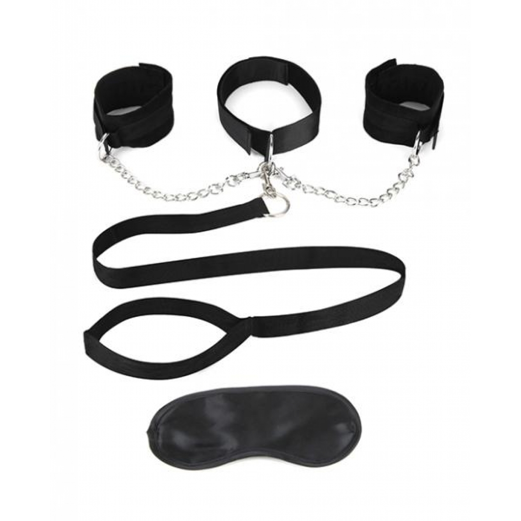 Lux Fetish Collar, Cuffs & Leash Set Black - BDSM Kits