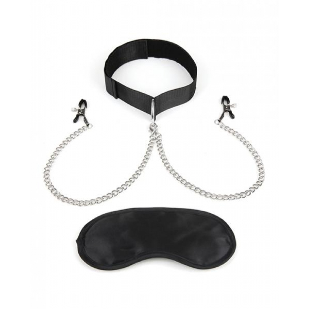 Lux Fetish Collar & Nipple Clamps Adjustable Pressure - Collars & Leashes