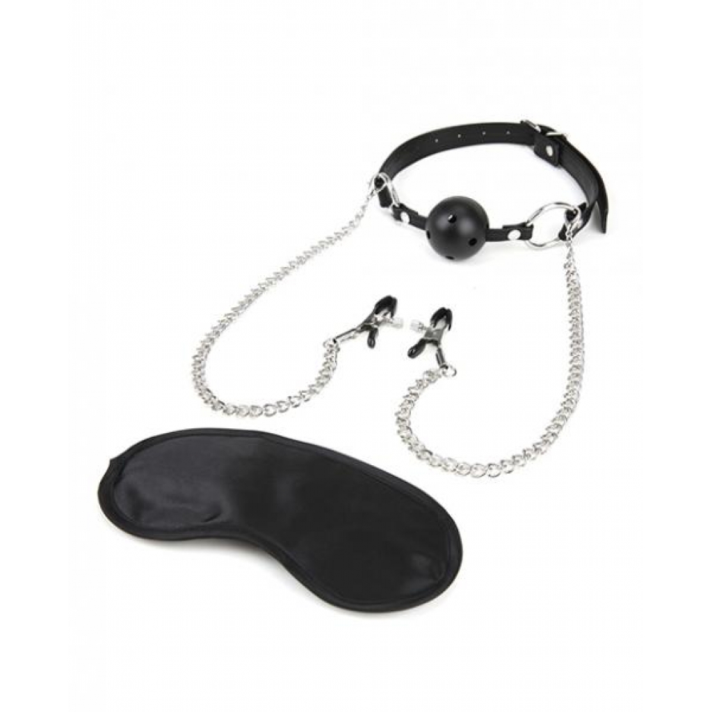 Lux Fetish Breathable Ball Gag Adjustable Nipple Chain - Ball Gags