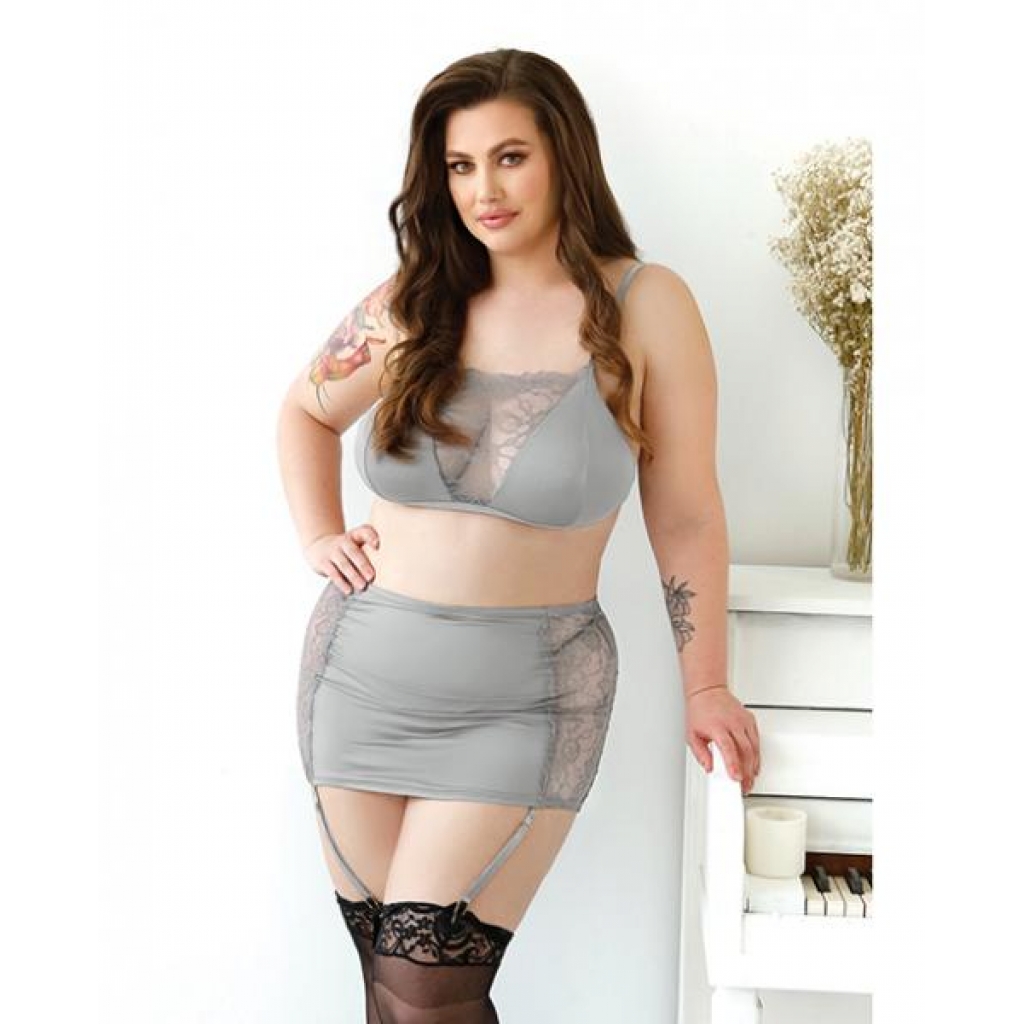 Layne Bralette Gartered Skirt & G-string Gray 1x/2x - Bra Sets