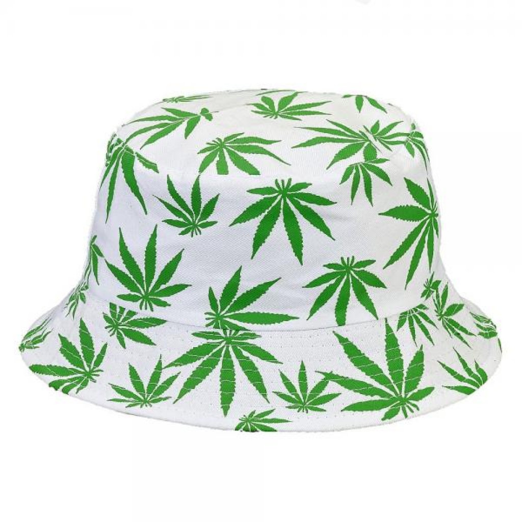 White Bucket Hat W/ Green Leaves - Gag & Joke Gifts