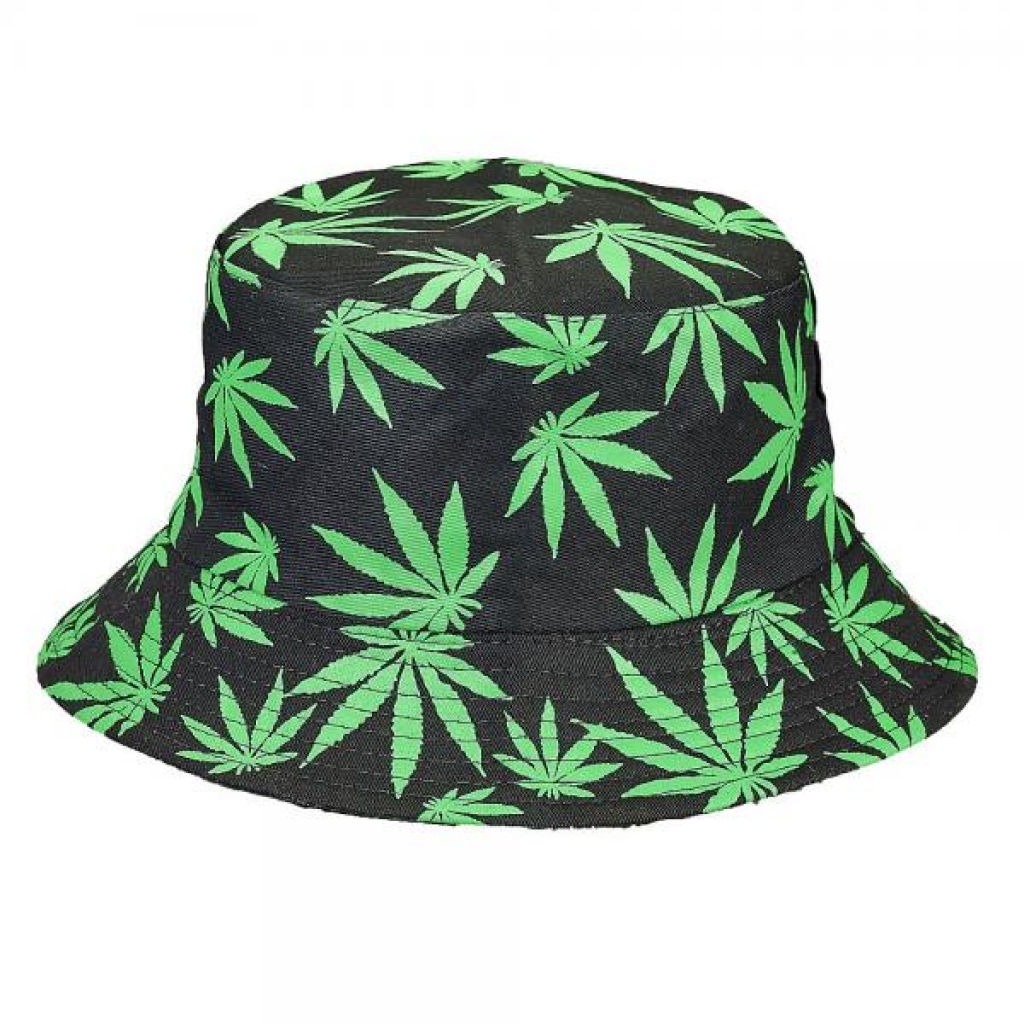 Black Bucket Hat W/ Green Leaves - Gag & Joke Gifts