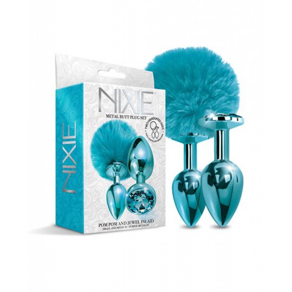 Nixie Metal Butt Plug Set - Pom Pom & Jewel Blue