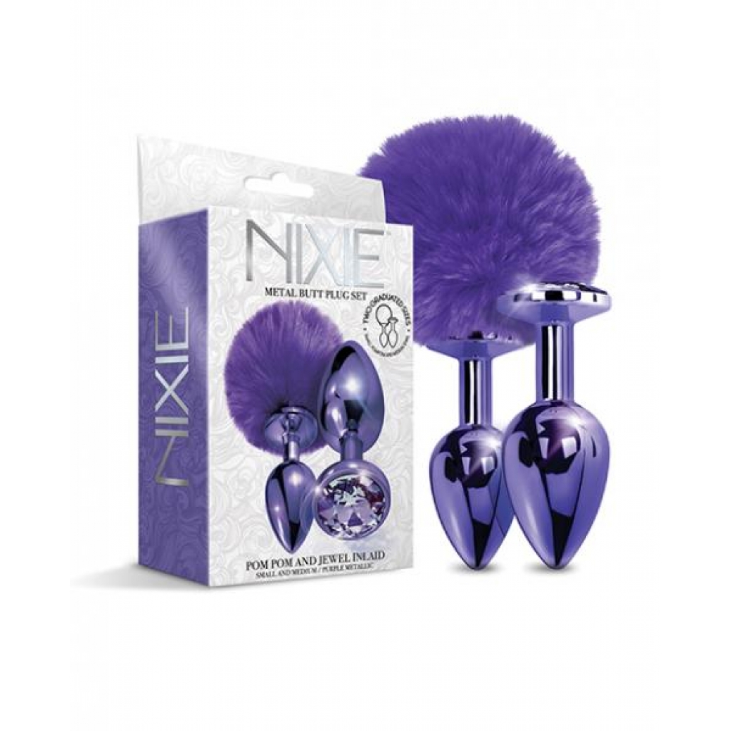Nixie Metal Butt Plug Set Pom Pom & Jewel Purple Metallic - Anal Plugs