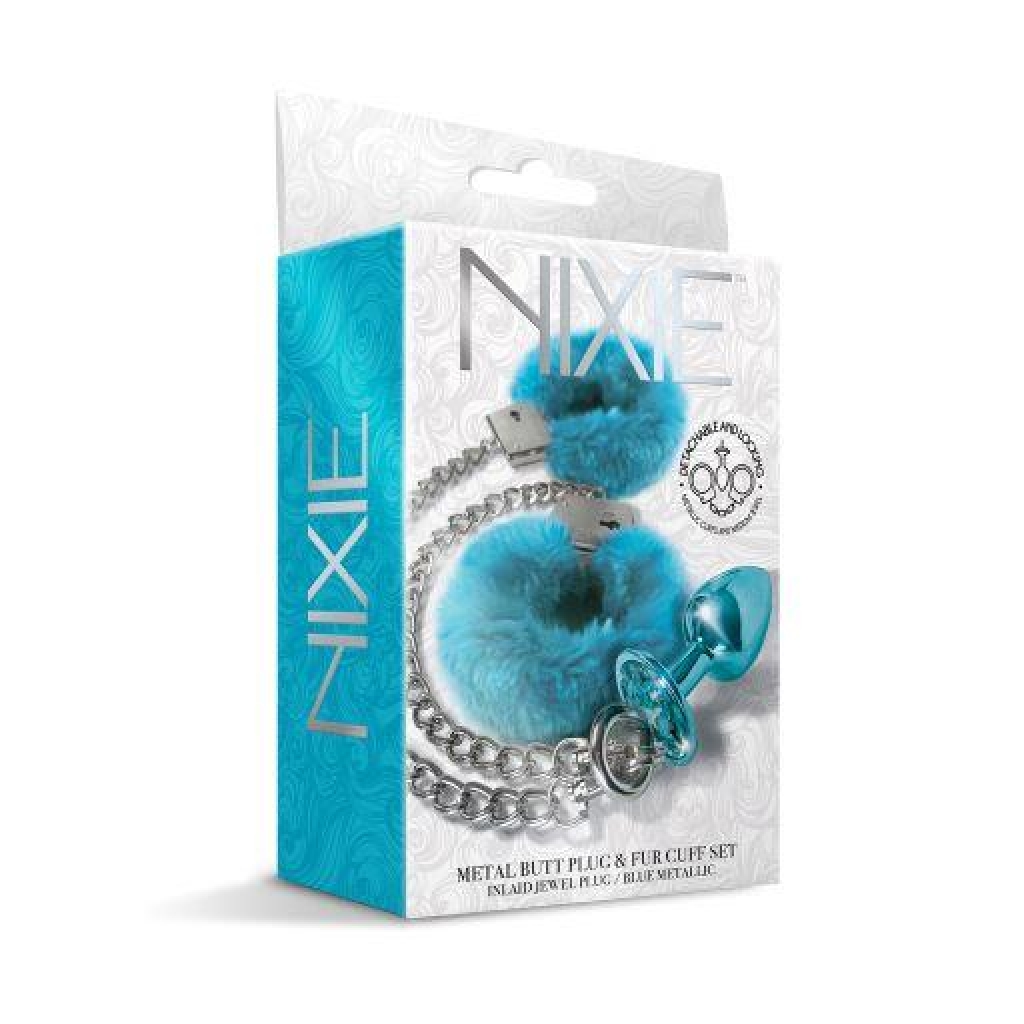Nixie Metal Plug & Furry Cuff Set Blue Metallic - BDSM Kits