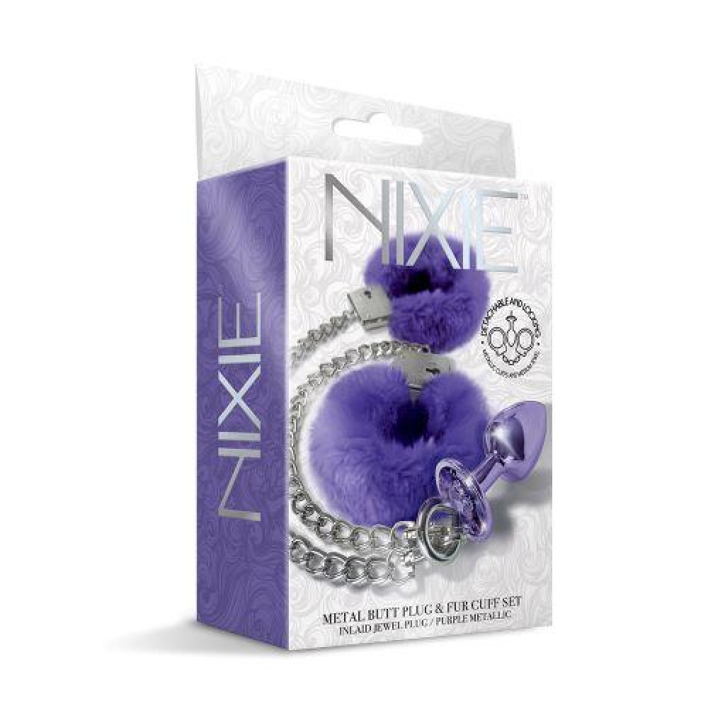 Nixie Metal Plug & Furry Cuff Set Purple Metallic - Anal Plugs
