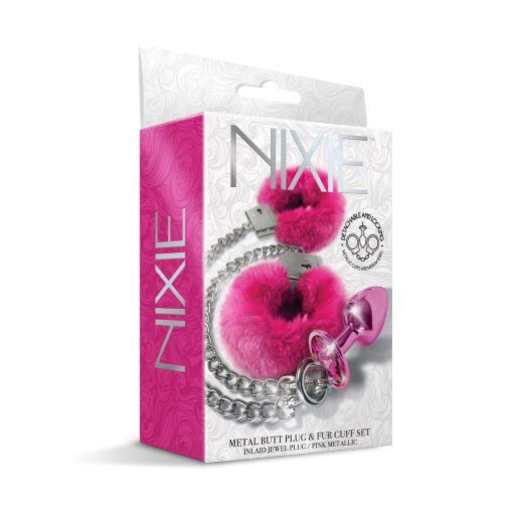 Nixie Metal Plug & Furry Cuff Set - Pink Metallic