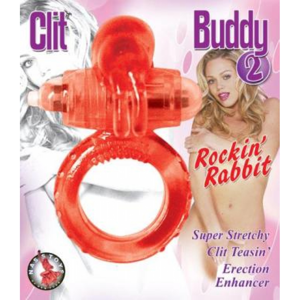 Clit Buddy 2 Rockin Rabbit Cock Ring Red - Couples Vibrating Penis Rings