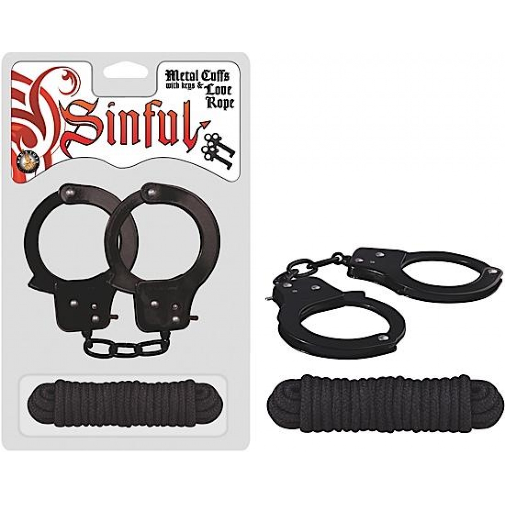 Metal Cuffs with Love Rope Black - BDSM Kits