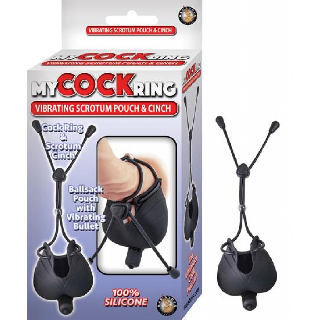 My Cockring Vibrating Scrotum Pouch & Cinch Black - Mens Cock & Ball Gear