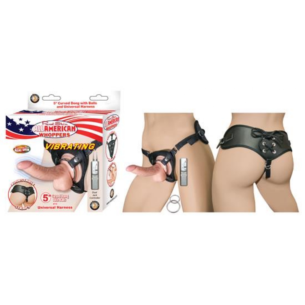 All American Whoppers 5 inches Curved Dong with Balls Beige & Universal Harness - Harness & Dong Sets