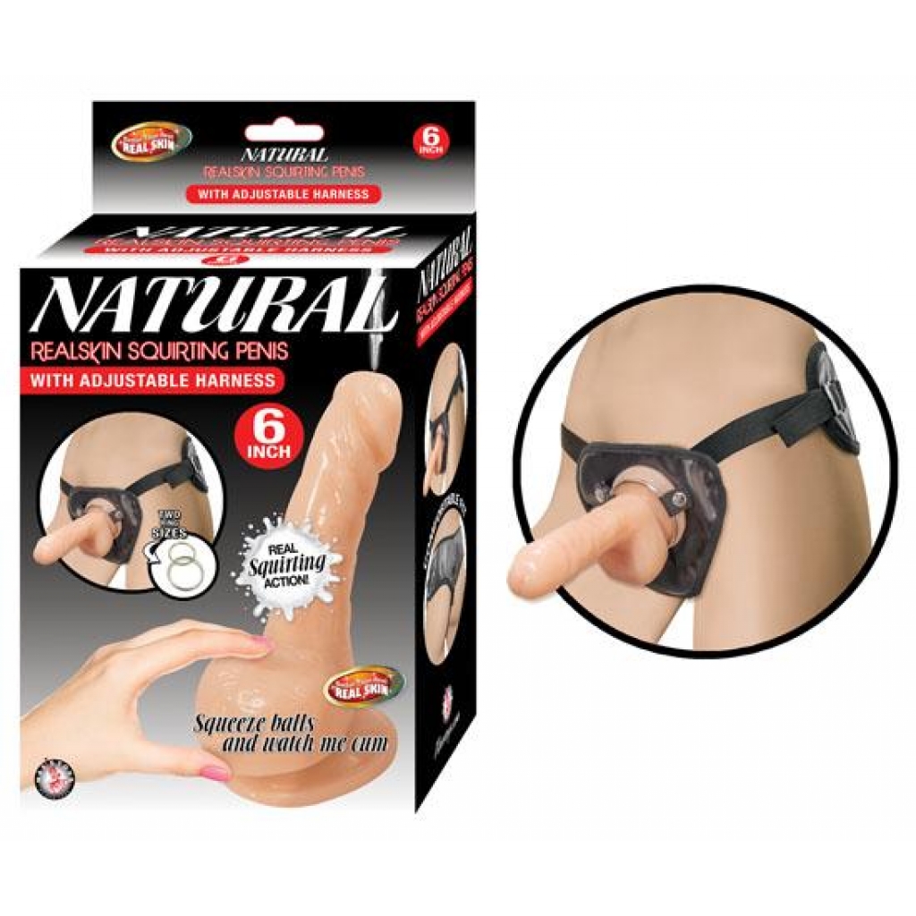 Natural Realskin Squirting Penis W/ Adjustable Harness 6in Flesh - Harness & Dong Sets