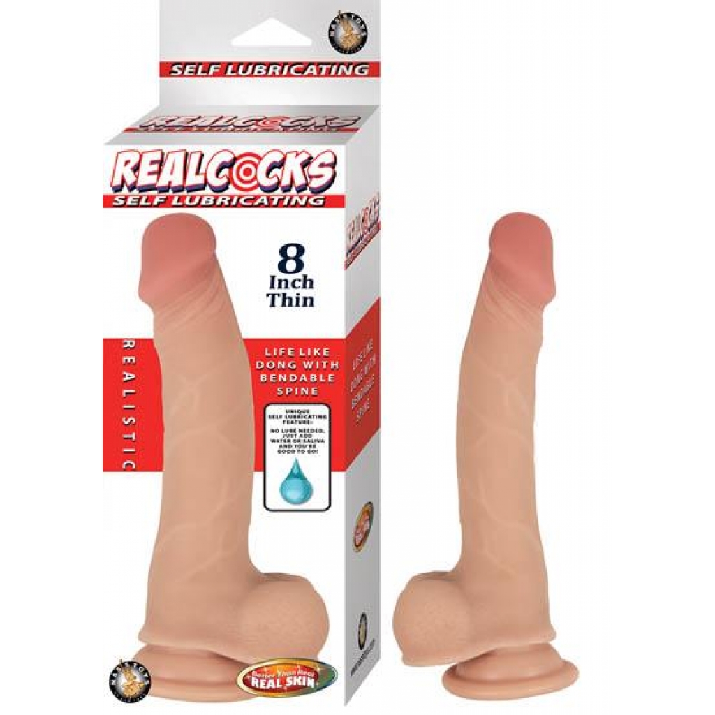 Realcocks Self Lubricating 8 inches Thin Beige Dildo - Realistic Dildos & Dongs