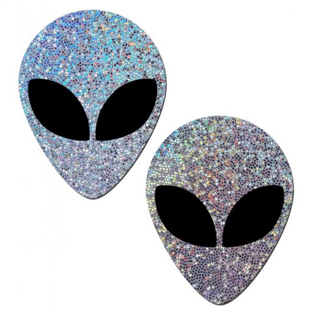 Pastease Silver Glitter Alien With Black Eyes Pasties - Pasties, Tattoos & Accessories