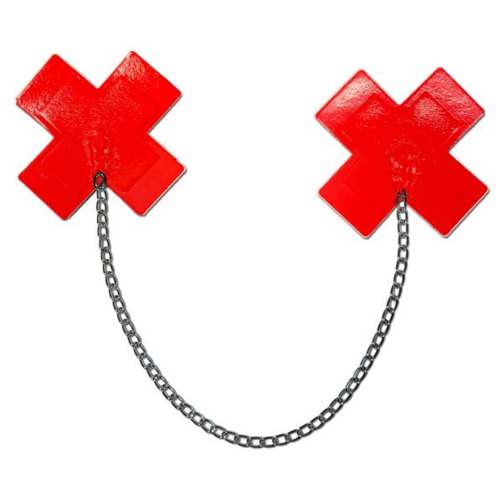 Pastease Faux Latex Red Plus X W/ Chunky Silver Chain - Pasties, Tattoos & Accessories