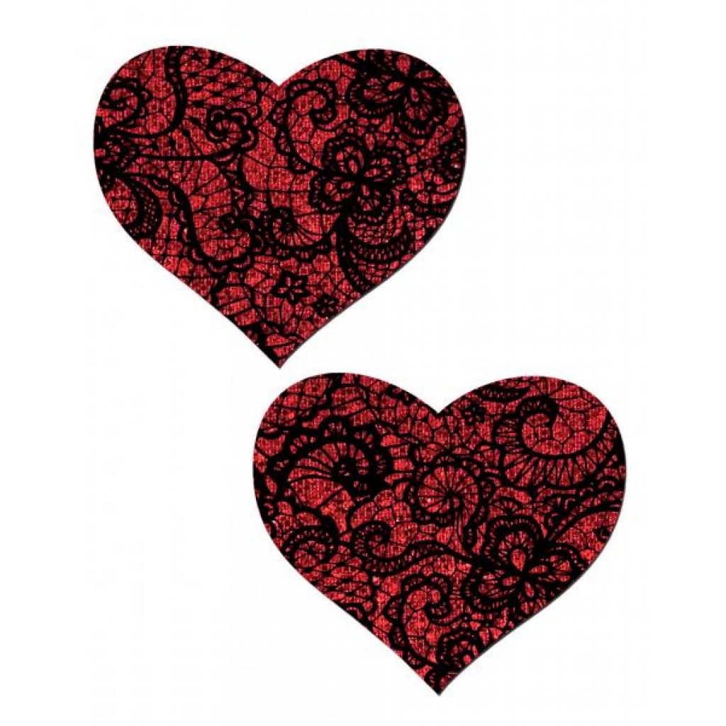 Pastease Red Glitter Heart W/ Black Lace Overlay - Pasties, Tattoos & Accessories