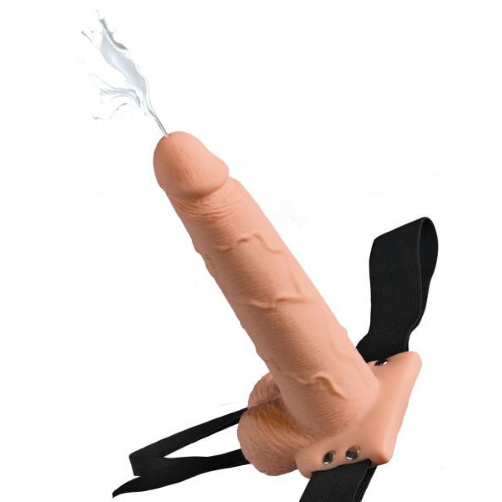 Fetish Fantasy 7.5 inches Hollow Squirting Strap On with Balls Beige - Hollow Strap-ons