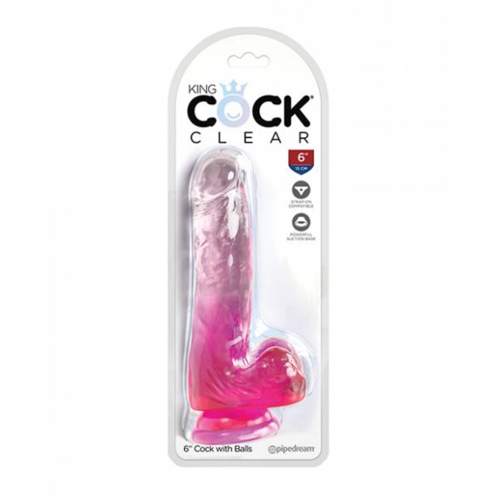 King Cock Clear 6in W/ Balls Pink - Realistic Dildos & Dongs