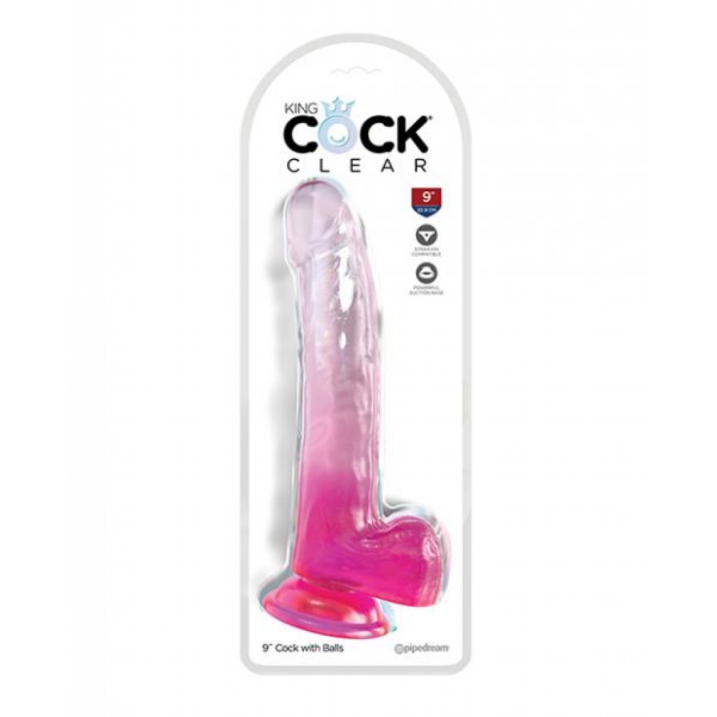 King Cock Clear 9in W/ Balls Pink - Huge Dildos