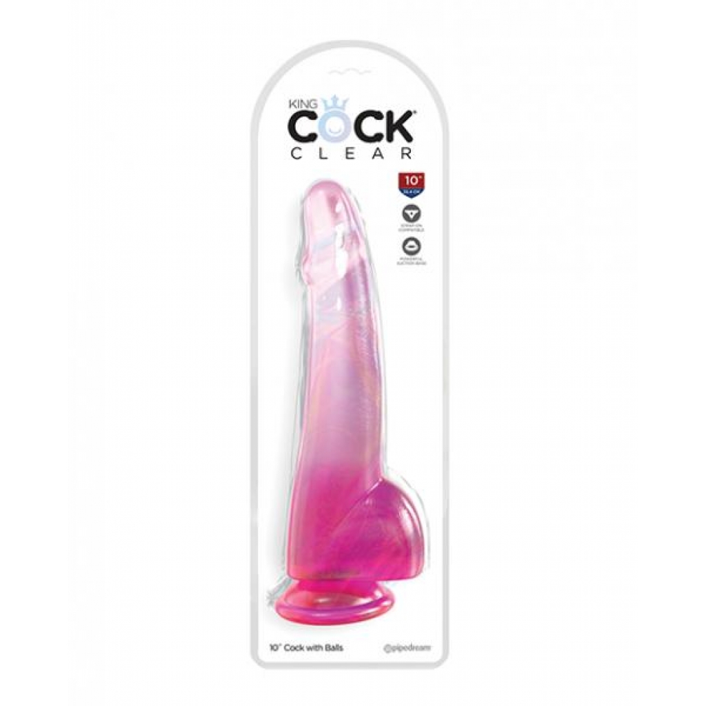 King Cock 10-Inch Clear Dildo with Balls - Pink