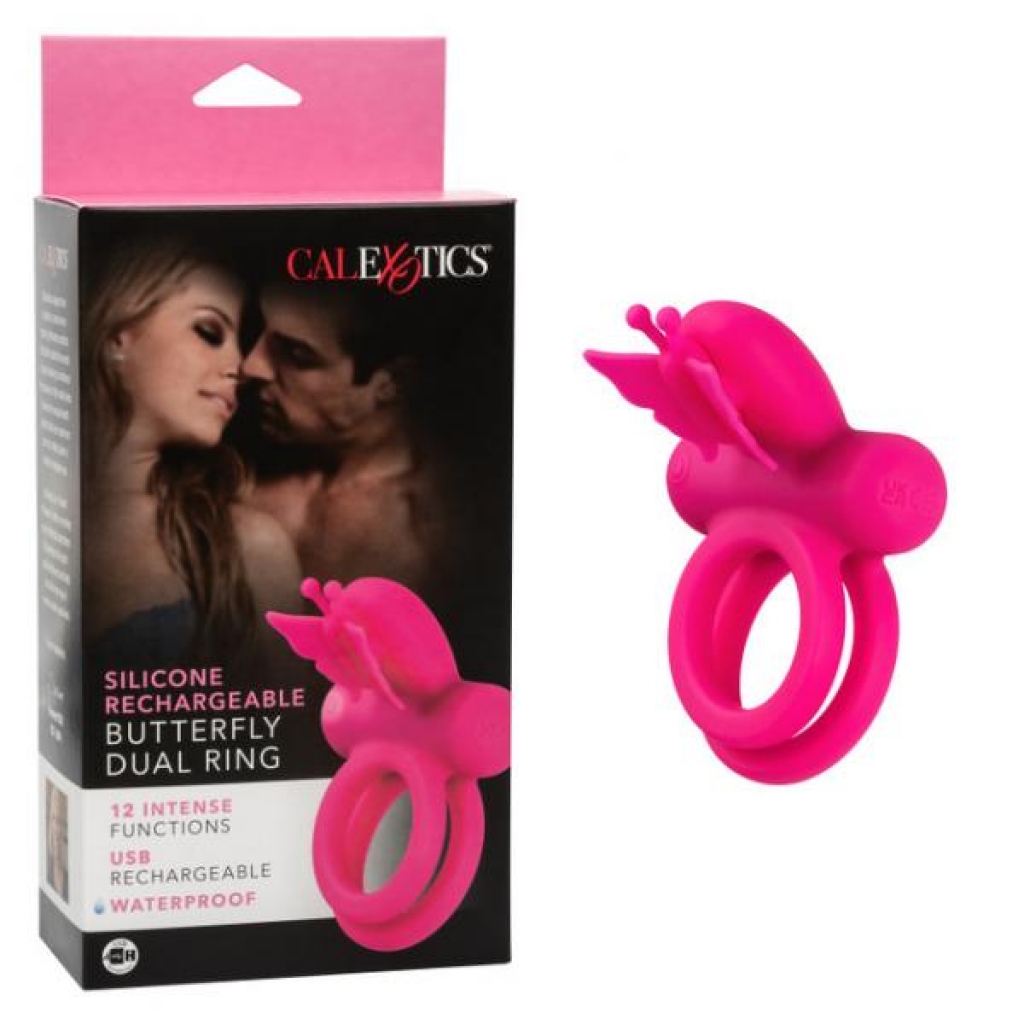 Silicone Rechargeable Butterfly Dual Ring - Couples Vibrating Penis Rings