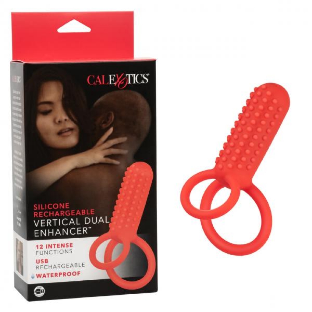 Silicone Rechargeable Vertical Dual Enhancer - Couples Vibrating Penis Rings