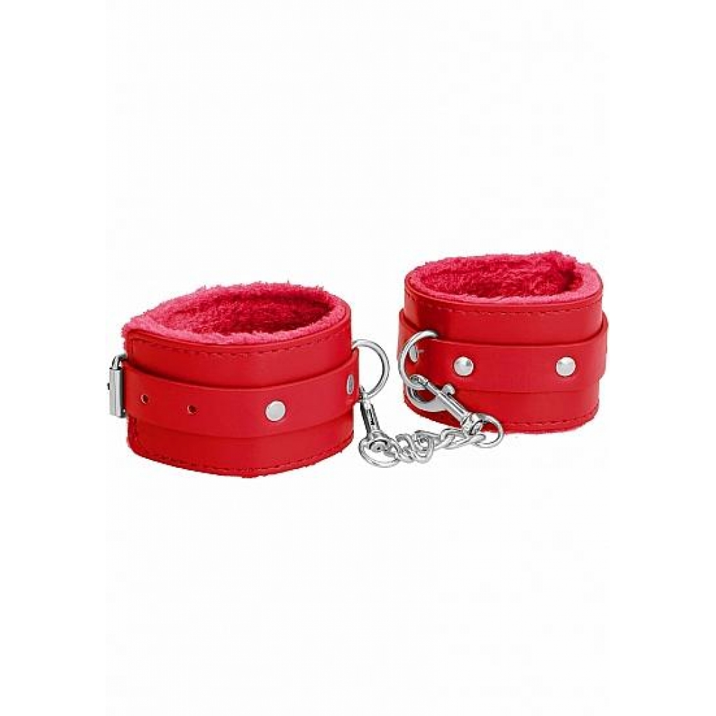 Ouch! Plush Leather Handcuffs Red - Handcuffs