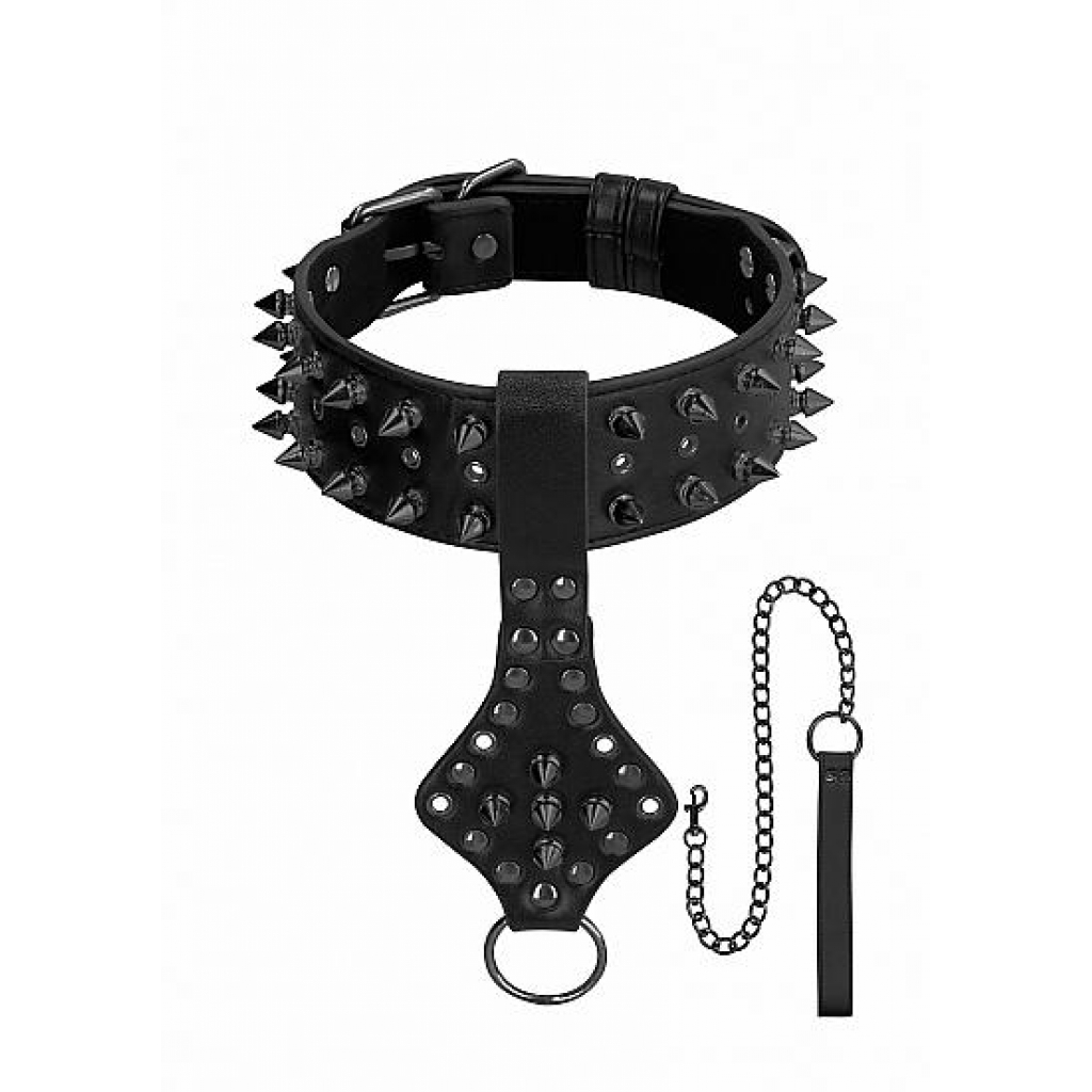 Ouch! Skulls & Bones Neck Chain with Spikes And Leash Black - Collars & Leashes