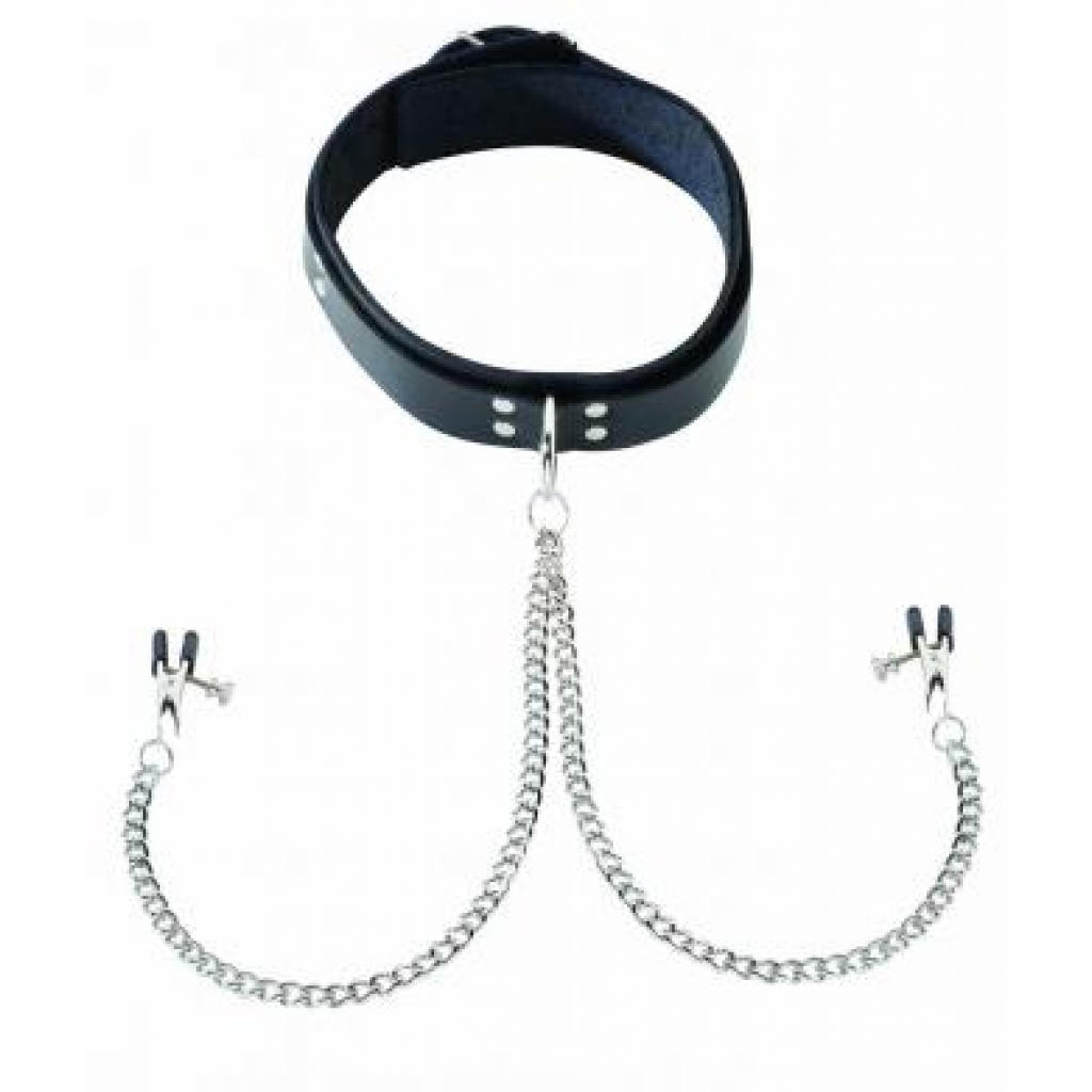 Black Leather Collar With Broad Tip Nipple Clamps - Collars & Leashes