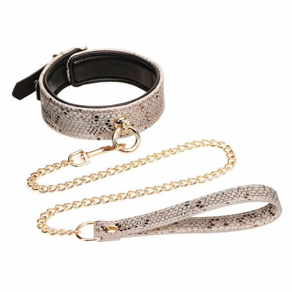 Microfiber Snake Print Collar & Leash White W Leather Lining - Collars & Leashes