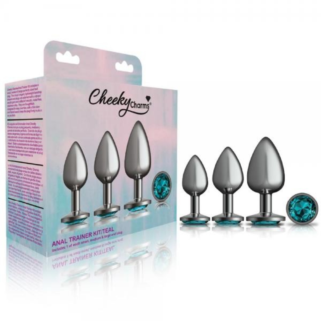 Cheeky Charms Metal Plug Kit Gunmetal Round Teal - Anal Trainer Kits