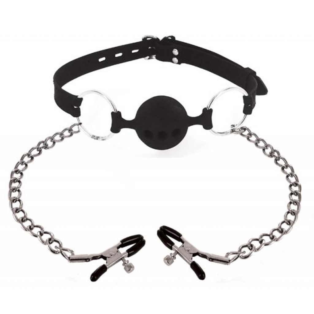 Hinder Breathable Silicone Ball Gag With Nipple Clamps - Ball Gags